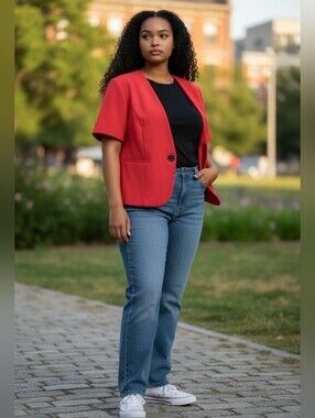 Dressbarn Red Short Sleeve Semi-Cropped Blazer